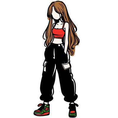 girl in baggy pants crop top and long hair