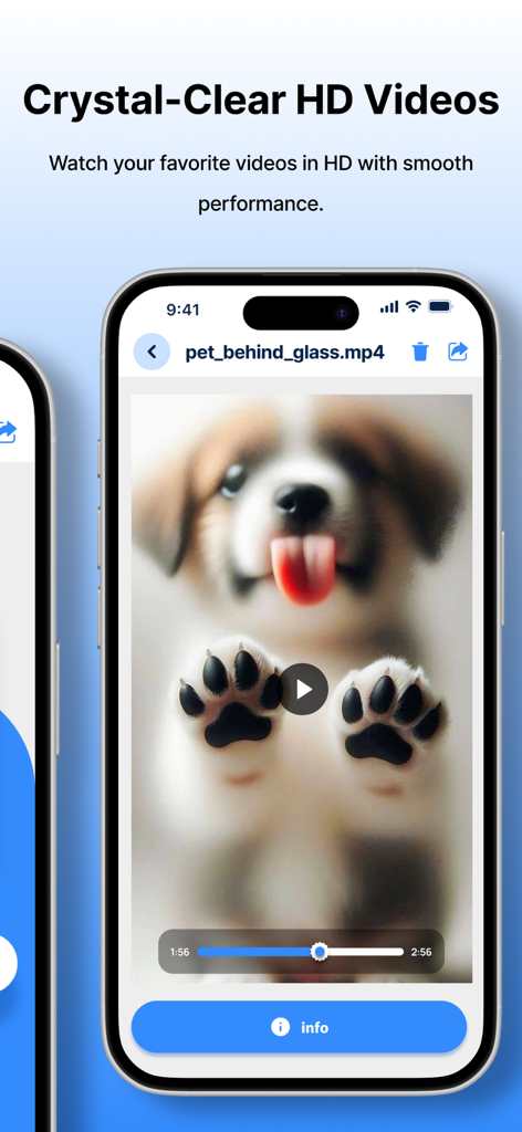 fdown.net - A smartphone screen displaying a crystal clear HD video player playing a puppy video in the fdown.net app.