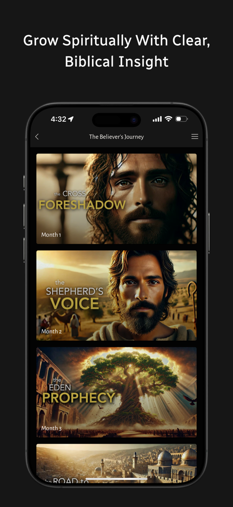 A mobile phone displaying the Kingdom Story Films app interface with cinematic thumbnails for video study series like The Cross Foreshadow and The Shepherd's Voice.