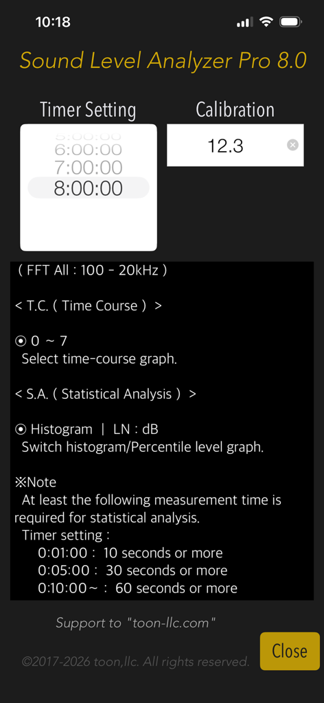Sound Level Analyzer PRO - Sound Level Analyzer PRO configuration screen showing timer and calibration settings