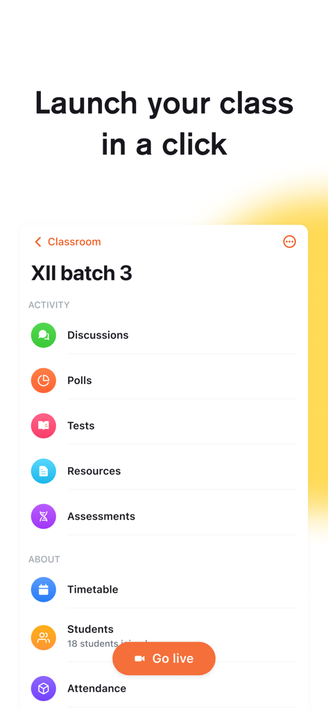Wise app classroom interface featuring online teaching tools and a go live button