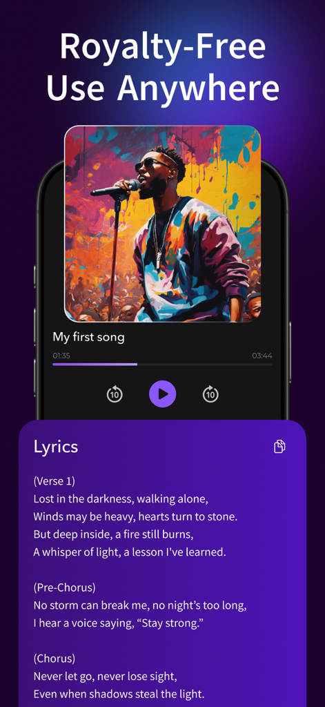 AI RAP - song generator - Tela do celular mostrando letras geradas por IA e um reprodutor de música para músicas isentas de royalties