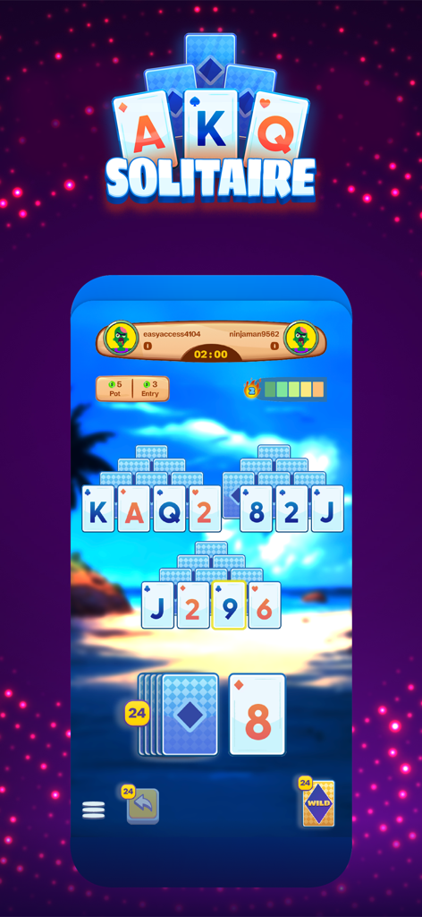 Bingo, Solitaire - Cash Games - Oberfläche des kompetitiven AKQ Solitaire-Spiels auf einem Handy, die Geld-Einsätze und einen Strandhintergrund zeigt