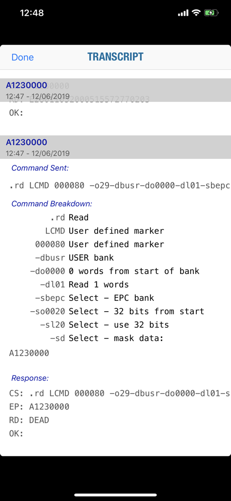 RFID Explorer - RFID Explorer App-Transkript, das die Befehlsaufschlüsselung und die Antworten zeigt