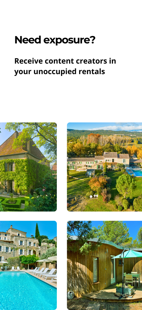 Stayfluence - Stayfluenceアプリの画面。空室のレンタル物件が表示され、ホストがコンテンツクリエイターを空き物件に受け入れるためのプロンプトが表示されている