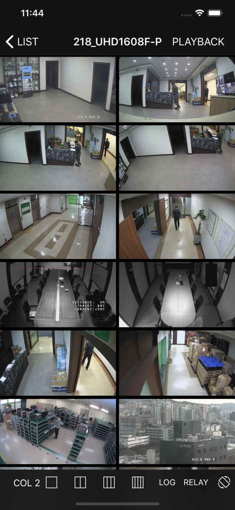 WebEye - WebEye mobile app interface displaying a grid of twelve live security camera feeds for business monitoring.