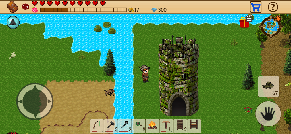 Survival RPG: Open World Pixel - A 2D pixel art character standing next to a stone tower by a river in a retro style survival game.