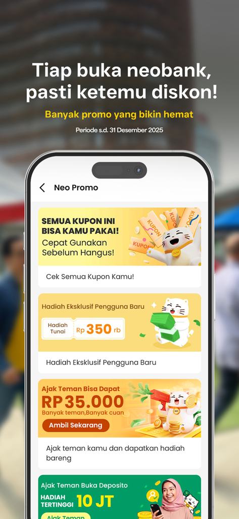 Mobile screen of the neobank app displaying various promotional offers, referral bonuses, and exclusive coupons in Indonesian.