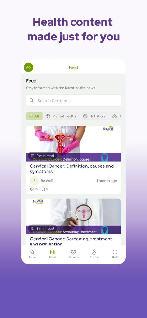 Be.Well by Slade360° - Captura de pantalla del feed de salud de la aplicación Be.Well mostrando artículos educativos personalizados y categorías de información médica