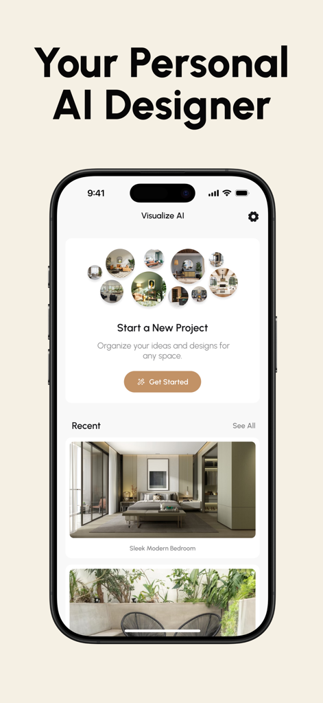 Visualize AI - Interior Design - Visualize AI app interface featuring an interior design project dashboard with a sleek modern bedroom
