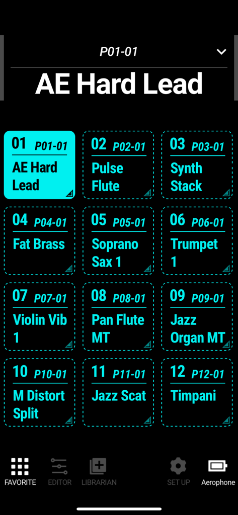 Tela de cenas favoritas do aplicativo Aerophone Pro Editor exibindo vários predefinições de instrumentos