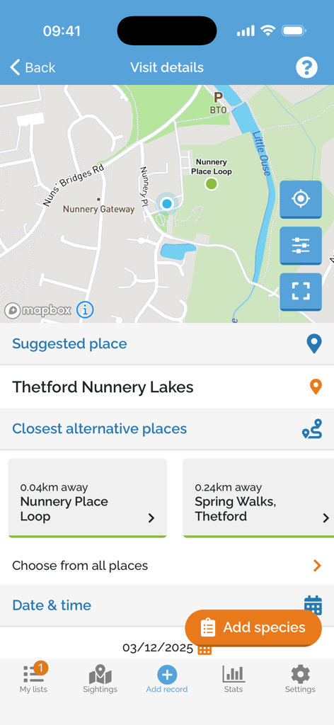 BirdTrack - BirdTrack app interface showing a map of suggested birding locations and visit details
