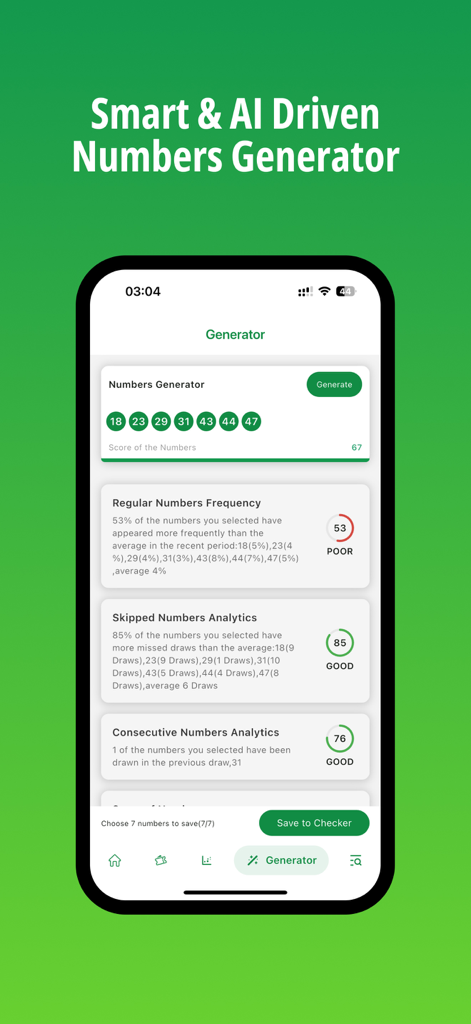 OZ Lotto - OZロトアプリのインターフェースに、頻度とトレンド分析を備えたスマートAI番号ジェネレーターが表示されています