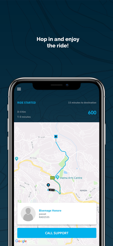 Move by Volkswagen app interface showing a live ride in progress with map tracking and driver details