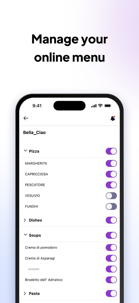 Interface of the UpMenu app showing a digital restaurant menu with toggle switches to manage item availability