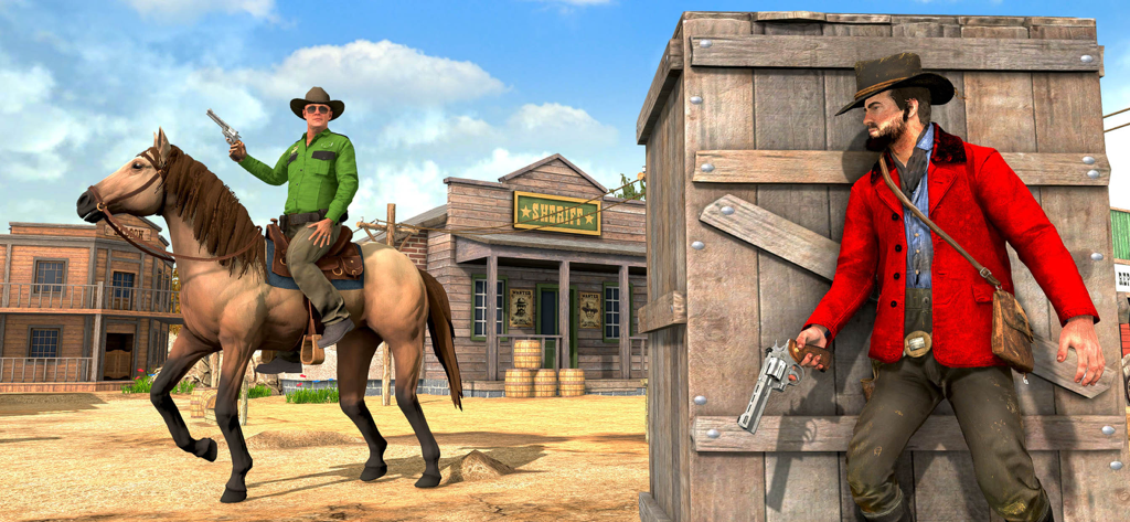 Wild West Cowboy Shooting Game - Escena de acción con vaqueros y pistolas en un pueblo del salvaje oeste.