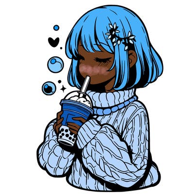 manga girl drinking boba in cozy sweater