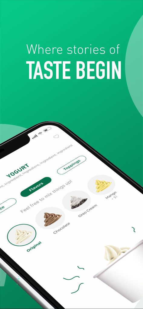Stories Coffee Shop - Interfaz de la aplicación Stories Coffee Shop que muestra la pantalla de selección de sabores de yogur con opciones como original, chocolate y mango