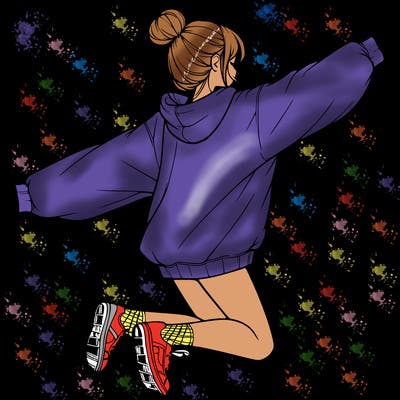 realistic girl jumping with a bun and oversized sweatshirt