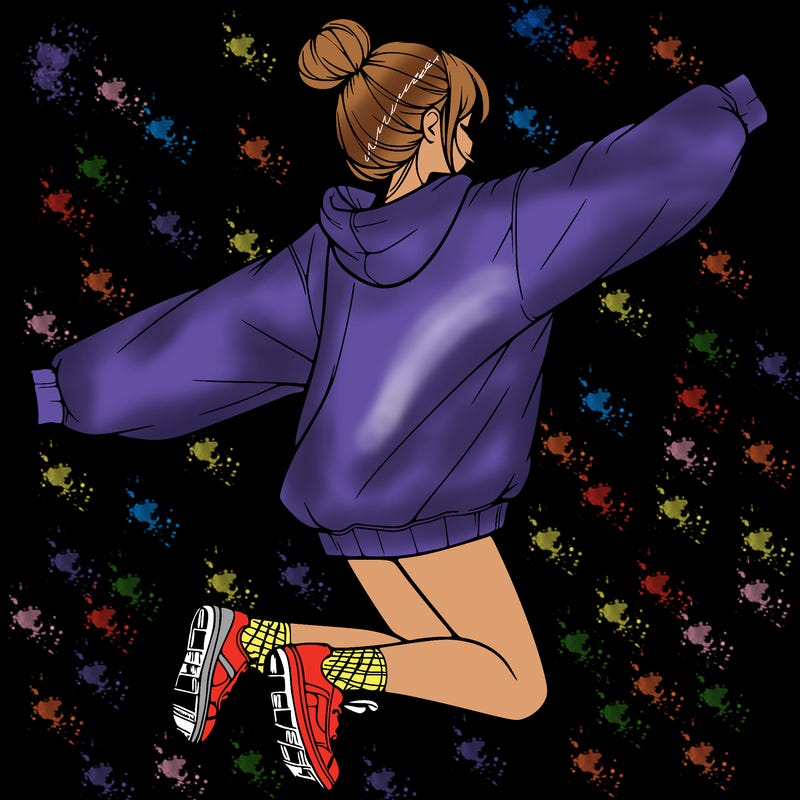 realistic girl jumping with a bun and oversized sweatshirt
