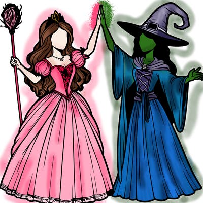 detailed realistic split of a princess and a witch
