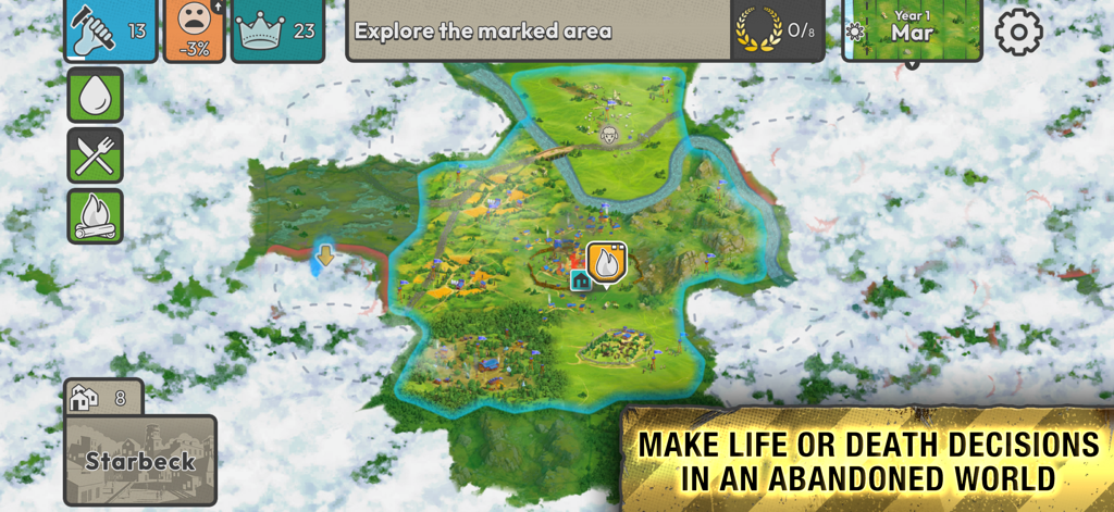 After Inc. - A top-down view of a post-apocalyptic settlement map in After Inc featuring lush green ruins and a survival strategy interface.