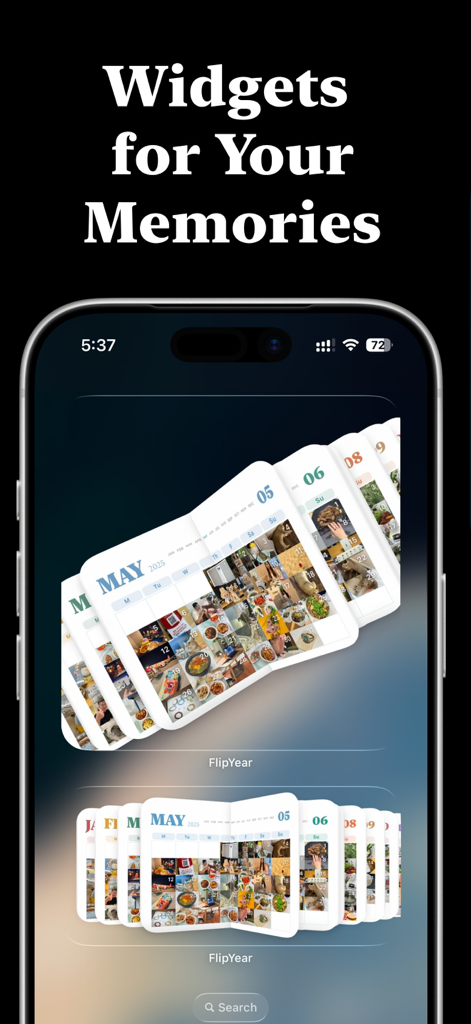 FlipYear app widgets on an iPhone home screen showing 3D photo flipbooks for monthly memories.