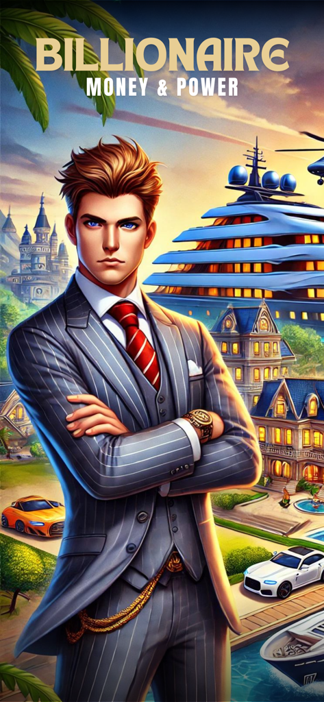 A young billionaire businessman in a pinstripe suit standing in front of a luxury yacht and mansions.