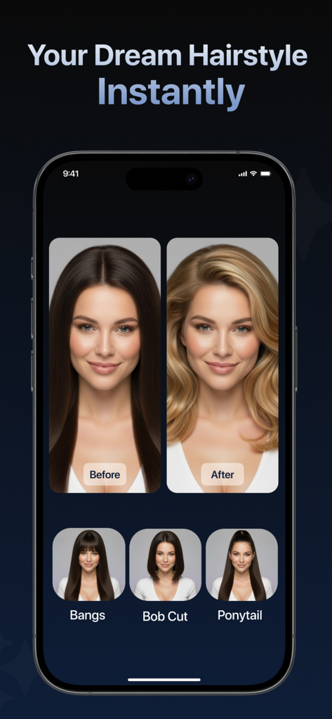 Hairly AI: Hairstyle Try On - Before and after comparison of a woman with brunette hair trying a blonde hairstyle using the Hairly AI mobile app