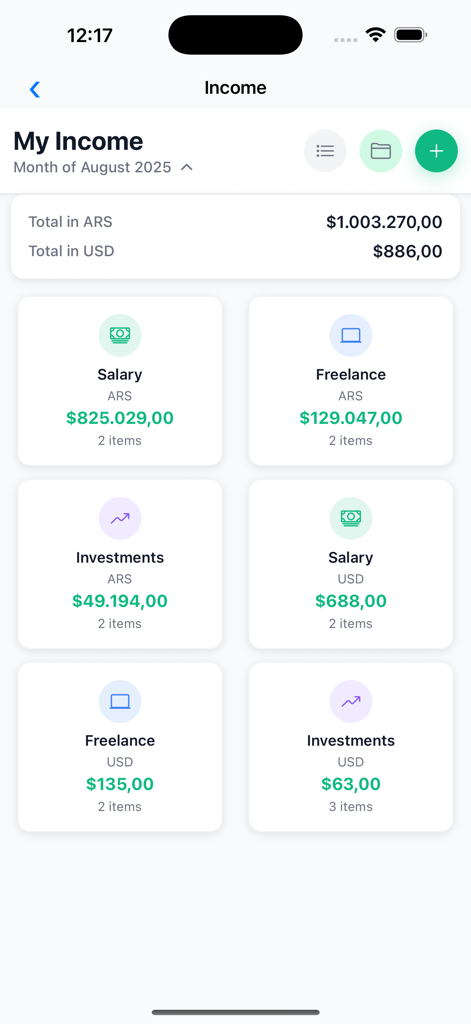 MoneyTrack App - MoneyTrack app income dashboard displaying multi-currency tracking for salary freelance and investments