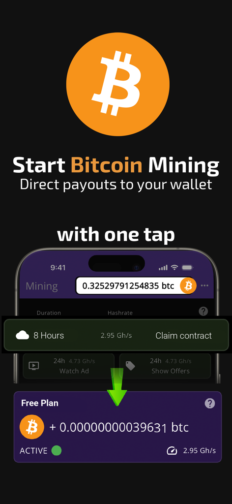 Bitcoin Mining: Crypto Miner - Bitcoin Mining app interface showing one tap cloud mining and real time BTC rewards