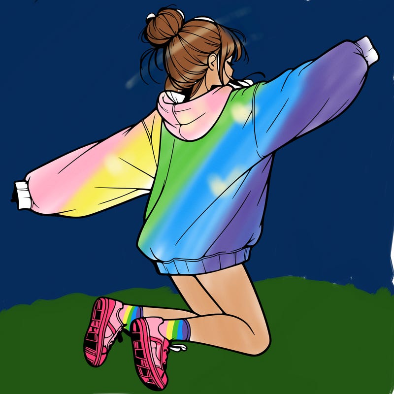 realistic girl jumping with a bun and oversized sweatshirt