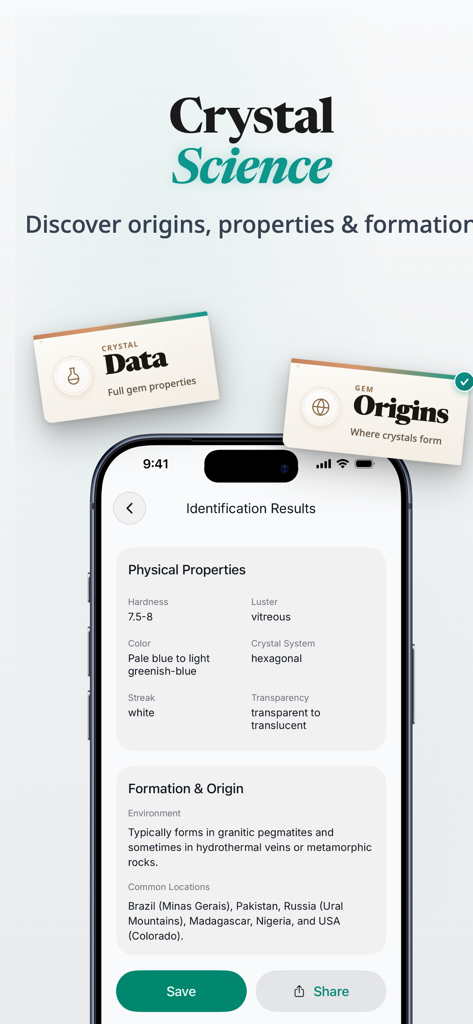 Rock Identifier: Gem & Crystal - Identification results screen showing crystal physical properties and geological formation data