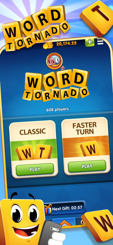 Wordtornado - Wordtornado main menu showing classic and faster turn game modes with virtual coin balance and a cartoon tile mascot