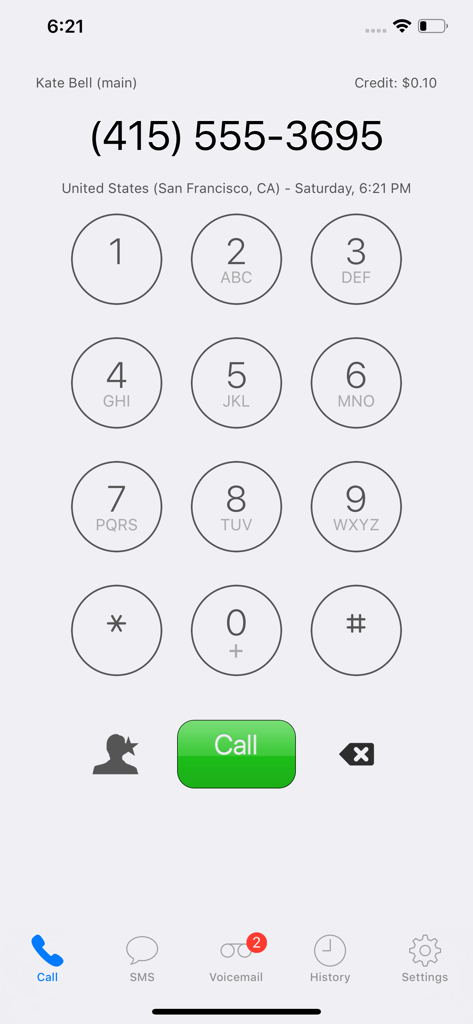 Dialer screen of the GV Connect app showing a phone keypad and call button.