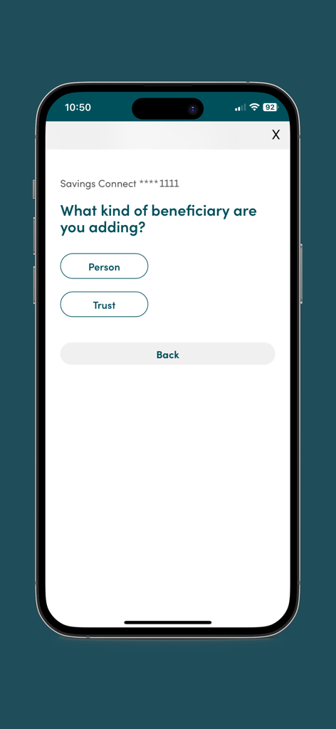 CIT Bank mobile app interface showing options to add a person or a trust as a beneficiary for a savings account.