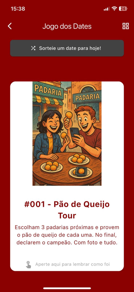 Passatempo - Jogo dos Dates 모드에서 Pao de Queijo Tour 챌린지를 보여주는 Passatempo 앱 스크린샷