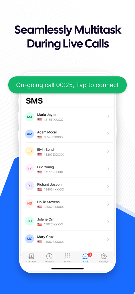 JustCall app interface showing SMS messaging during an active phone call for business multitasking