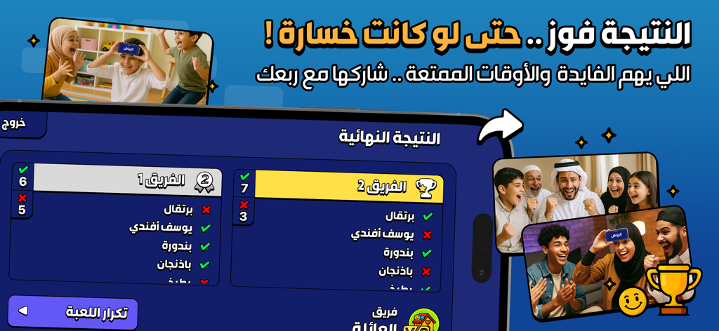 جوالك على راسك - العاب جماعية - Pantalla de resultados finales de un juego móvil árabe estilo 'Heads Up' mostrando los resultados del equipo y fotos de familias jugando juntas.