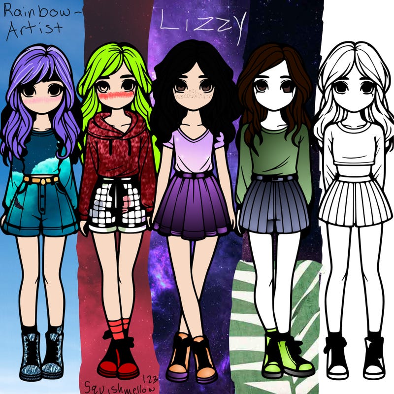 group of 6 realistic girls in a row