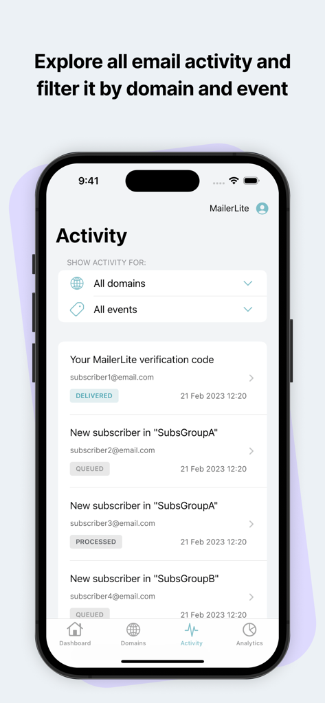 MailerSend - Interface de l'application mobile MailerSend montrant le journal d'activité des e-mails en temps réel avec des étiquettes de statut pour les messages livrés et mis en file d'attente.