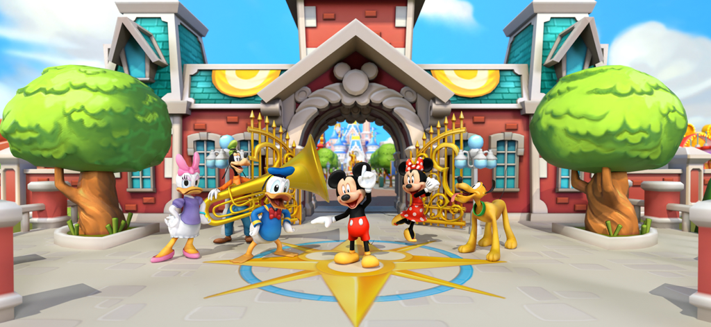 Disney Magic Kingdoms - Micky Maus und Freunde stehen vor dem Eingang des Disney Magic Kingdoms Parks