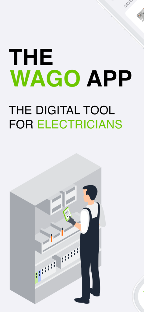 Illustration of an electrician using a tablet in front of an electrical control cabinet with the text The WAGO App The digital tool for electricians