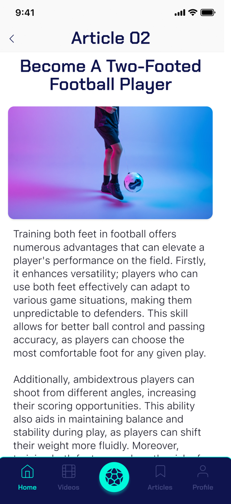 Screenshot of an article titled Become A Two-Footed Football Player showing a youth athlete training with a SenseBall
