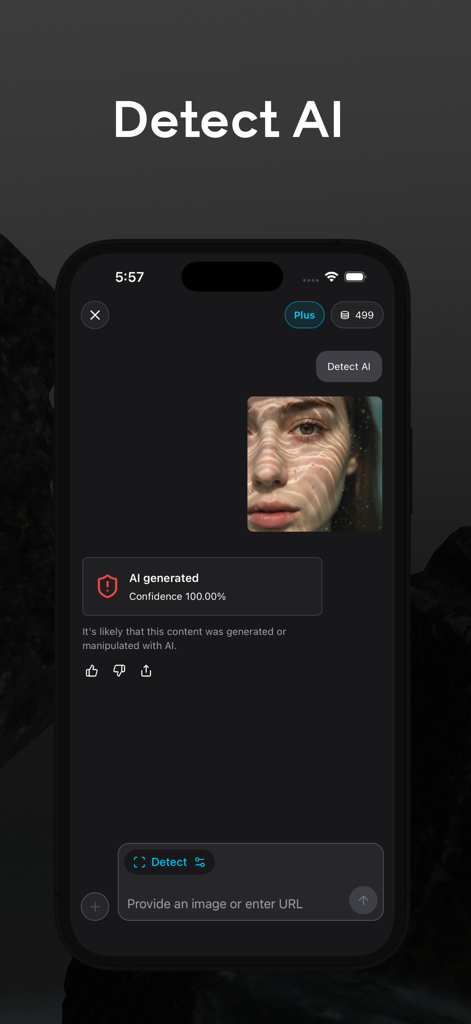 BitMind app interface showing a 100 percent confidence detection of an AI generated image