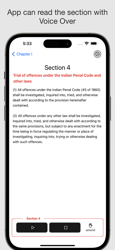 CrPC - Criminal Procedure Code - iPhone screen displaying the CrPC app with legal text and voiceover playback controls for Section 4