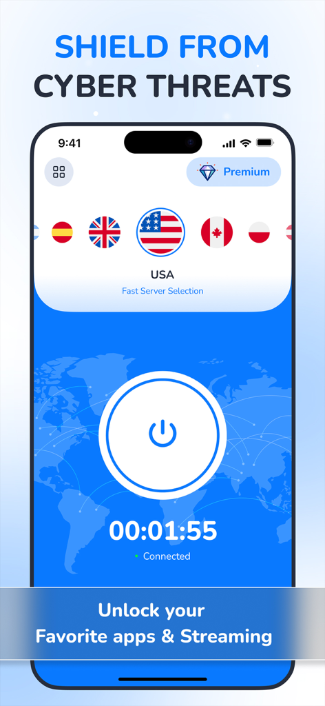 StrongNet VPN: Privacy Defence - StrongNet VPN app interface showing a secure connection to a US server with cyber threat protection messaging.
