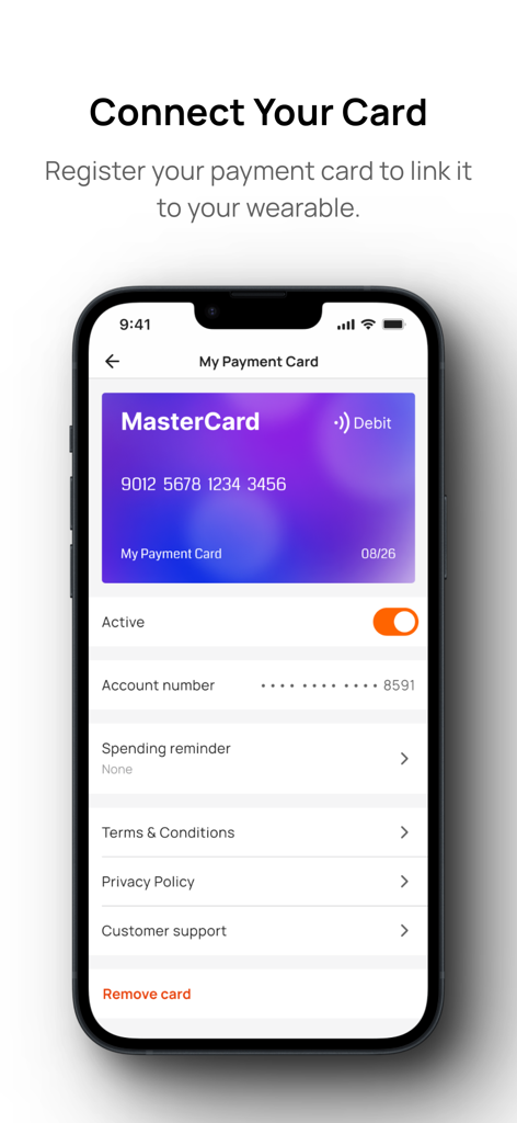 Manage-Mii - Interface of the Manage-Mii app showing how to register and link a MasterCard debit card to a wearable device