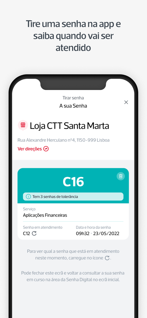 Ticket digital en la aplicación CTT para una ubicación de oficina de correos portuguesa