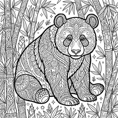 Embark on a relaxing coloring adventure with this intricately designed giant panda amidst a detailed bamboo forest. Perfect for adults seeking a mindful and creative escape with complex patterns.